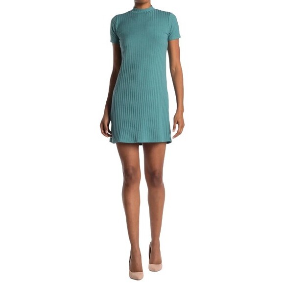 Kenedik Ribbed Knit T-Shirt Dress XL Moss Green Mock Neck Short Sleeve NWT - Picture 2 of 8